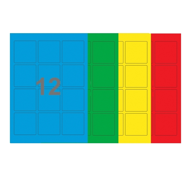 A4-12 kvad, 12 Udstansede etiketter/ark, 60,0 x 60,0  mm, (blå, grøn, gul eller rød) 100 ark