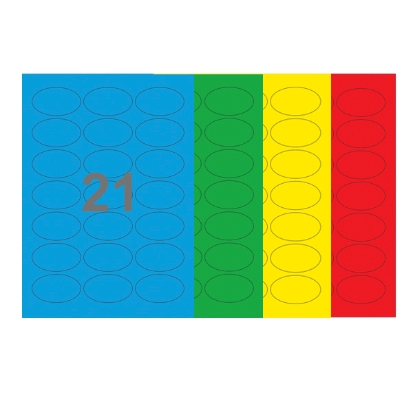 A4-21, ovale, 21 Udstansede etiketter/ark, 60,0 x 35,0 mm, (blå, grøn, gul eller rød) 100 ark