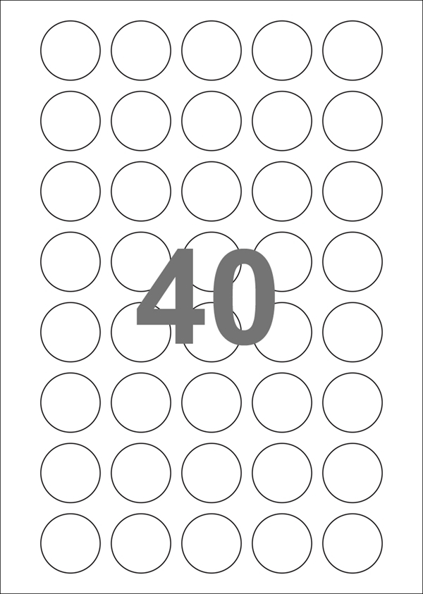 A4-Ø30, 40 Udstansede etiketter/ark, Ø30 mm, hvid mat, aftag. lim, 100 ark
