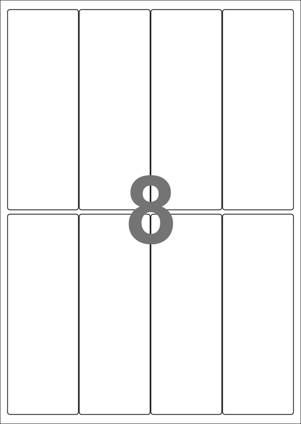A4-8 smal, 8 Udstansede etiketter/ark, 50,0 x 140,0 mm, hvid mat, perm. lim, 100 ark