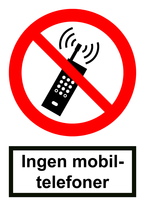 Label der indikerer ingen mobiltelefoner, ISO 7010 P013 med tekst