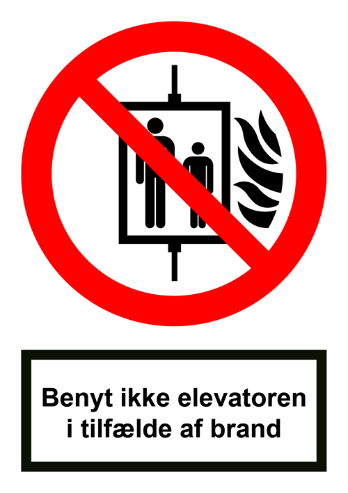 Forbudsskilt der indikerer at man ikke må benytte elevatoren i tilfælde af brand, ISO 7010 P020
