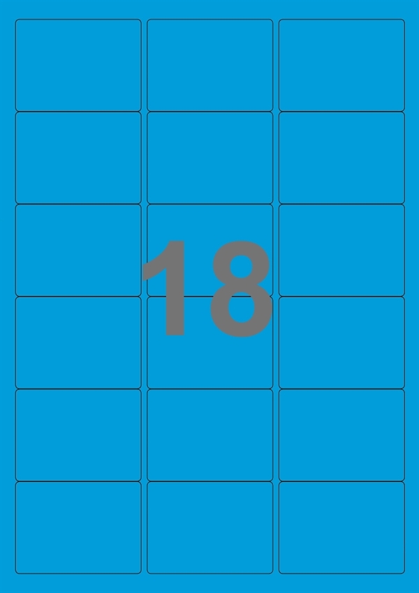 A4-etiketter, 18 Udstansede etiketter/ark, 63,5 x 46,6 mm, blå, 100 ark