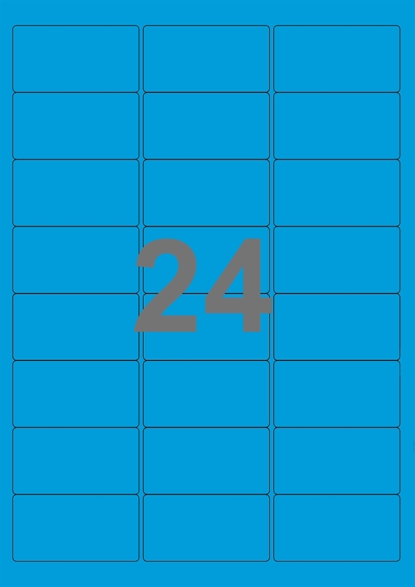 A4-etiketter, 24 Udstansede etiketter/ark, 64,0 x 33,9 mm, blå, 100 ark