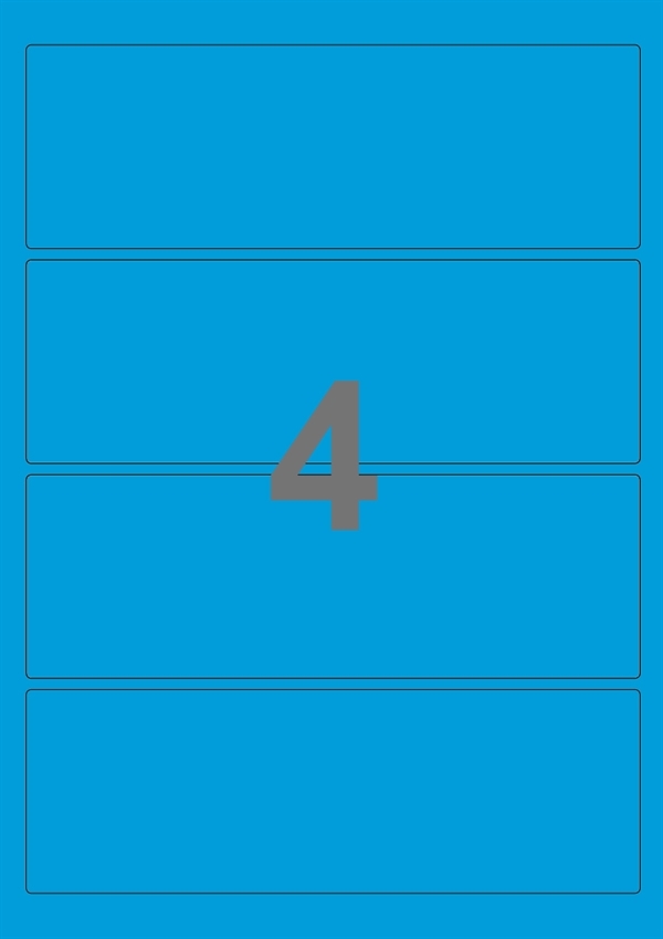 A4-etiketter, 4 Udstansede etiketter/ark, 195,0 x 65,0 mm, blå, 100 ark