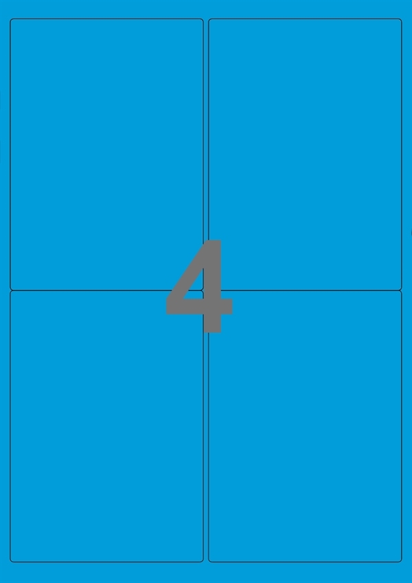 A4-etiketter, 4 Udstansede etiketter/ark, 99,1 x 139,0  mm, blå, 100 ark