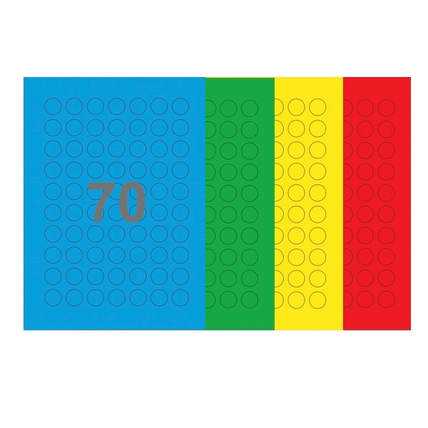 A4-Ø20, 70 Udstansede etiketter/ark, Ø20 mm, (blå, grøn, gul eller rød) 100 ark