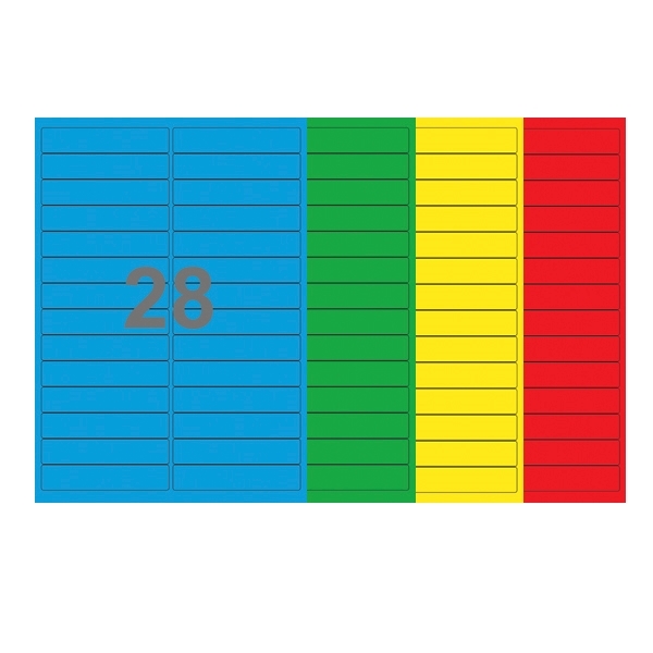 A4-28, 28 Udstansede etiketter/ark, 99,0 x 20,0 mm, (blå, grøn, gul eller rød) 100 ark