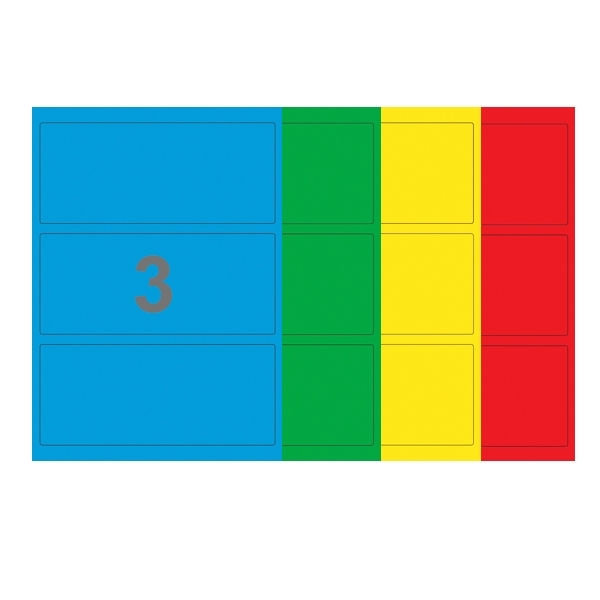 A4-3, 3 Udstansede etiketter/ark, 198,0 x 85,0 mm, (blå, grøn, gul eller rød) 100 ark