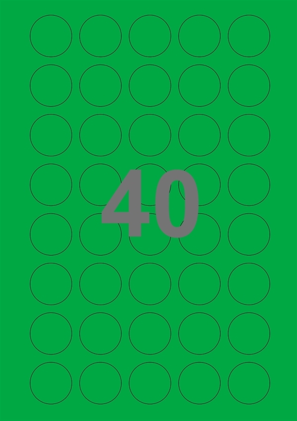 A4-etiketter, 40 Udstansede etiketter/ark, Ø30 mm, grøn, 100 ark