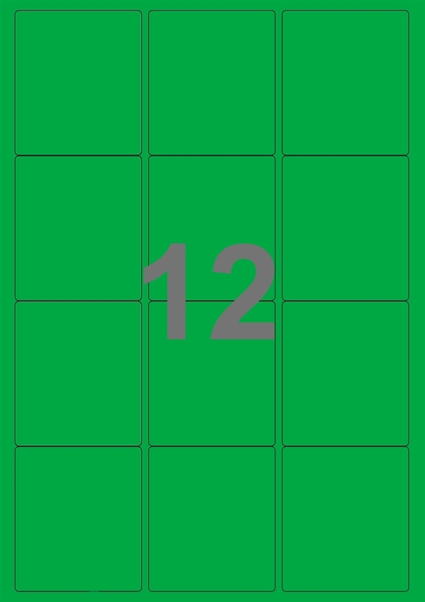 A4-etiketter, 12 Udstansede etiketter/ark, 63,5 x 72,0  mm, grøn, 100 ark