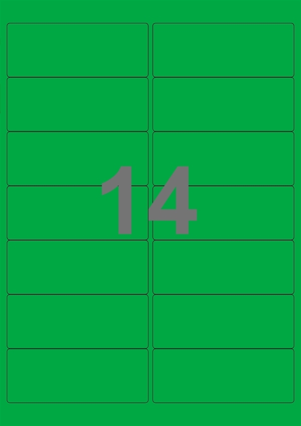 A4-etiketter, 14 Udstansede etiketter/ark, 99,1 x 38,1 mm, grøn, 100 ark