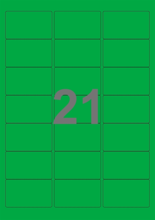A4-etiketter, 21 Udstansede etiketter/ark, 63,5 x 38,1 mm, grøn, 100 ark