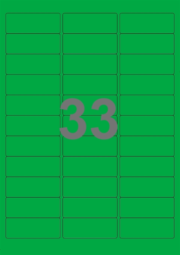A4-etiketter, 33 Udstansede etiketter/ark, 64,0 x 24,3 mm, grøn, 100 ark