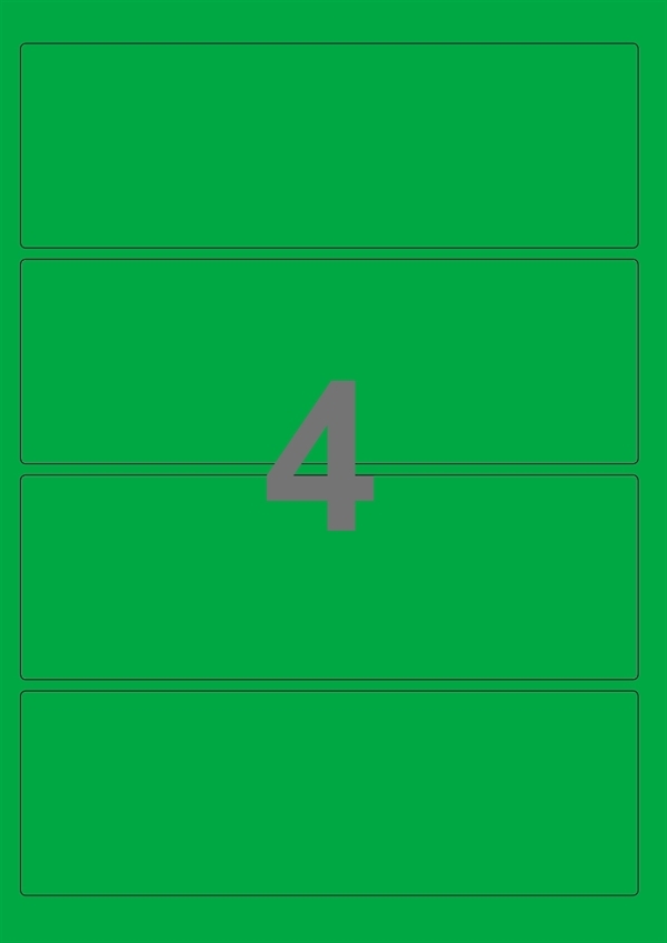 A4-etiketter, 4 Udstansede etiketter/ark, 195,0 x 65,0 mm, grøn, 100 ark