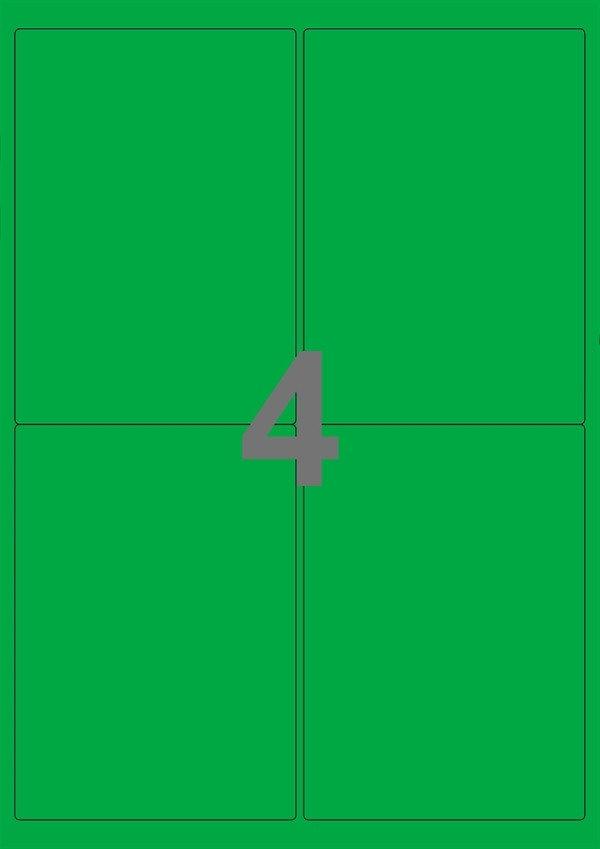 A4-etiketter, 4 Udstansede etiketter/ark, 99,1 x 139,0  mm, grøn, 100 ark