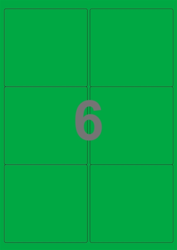 A4-etiketter, 6 Udstansede etiketter/ark, 99,1 x 93,1  mm,  grøn, 100 ark