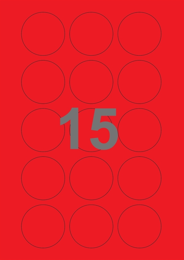 A4-etiketter, 15 Udstansede etiketter/ark, Ø50 mm, rød, 100 ark