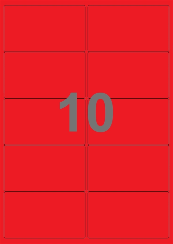 A4-etiketter, 10 Udstansede etiketter/ark, 99,1 x 57,0  mm, rød, 100 ark