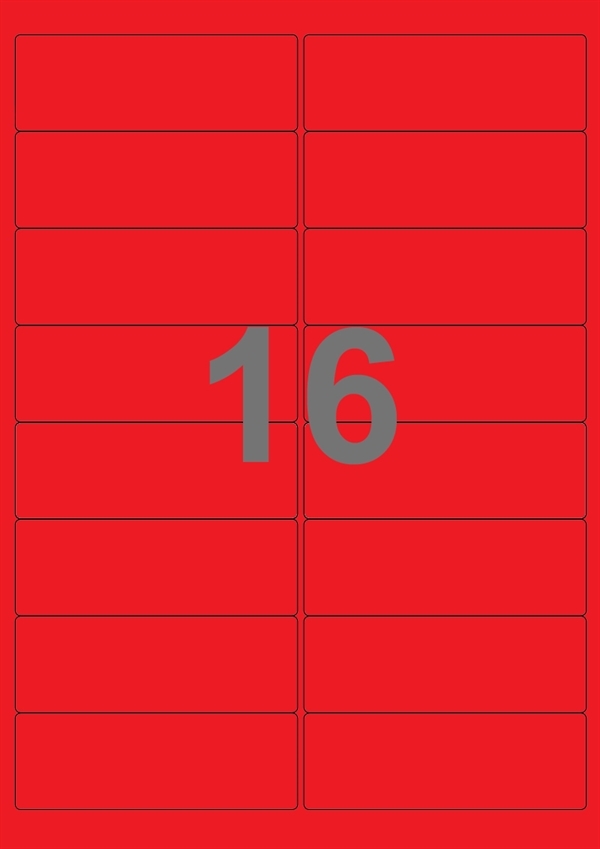 A4-etiketter, 16 Udstansede etiketter/ark, 99,1 x 33,9 mm, rød, 100 ark