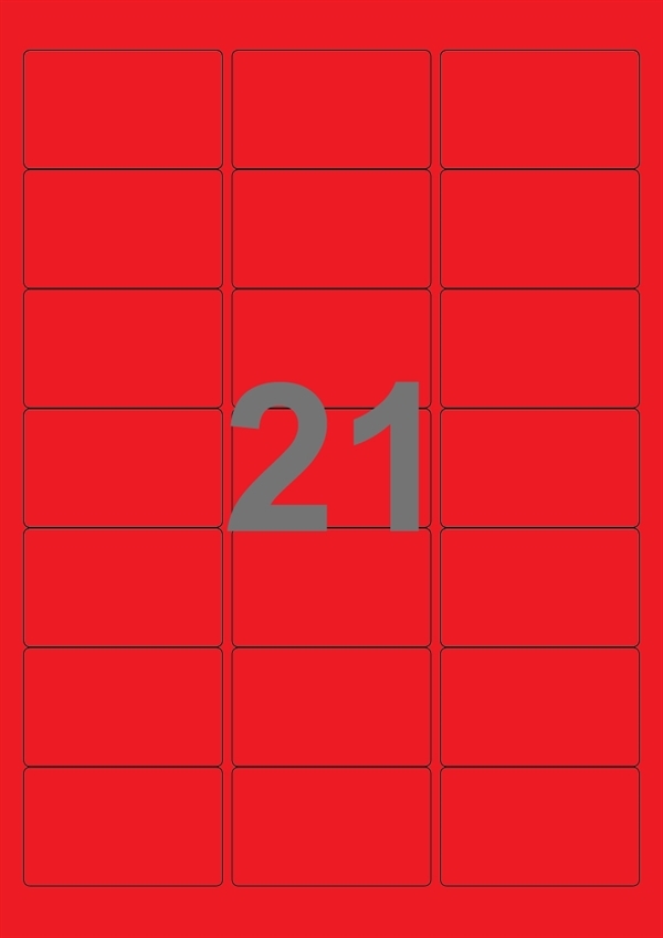 A4-etiketter, 21 Udstansede etiketter/ark, 63,5 x 38,1 mm, rød, 100 ark