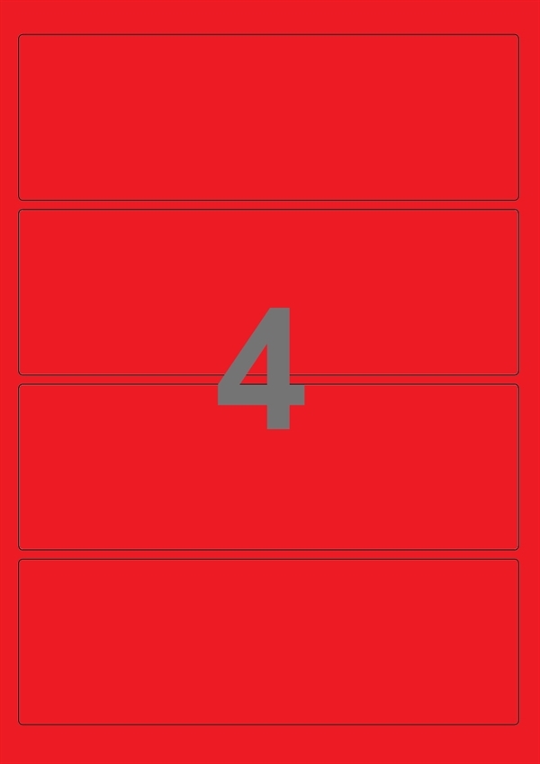 A4-etiketter, 4 Udstansede etiketter/ark, 195,0 x 65,0 mm,  rød, 100 ark
