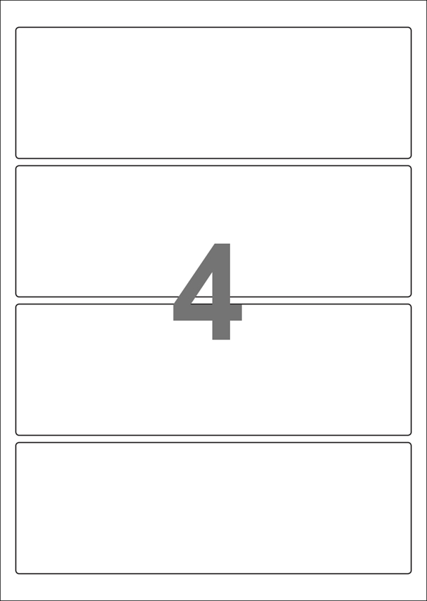 A4-etiketter, 4 Udstansede etiketter/ark, 195,0 x 65,0 mm, hvid blank/glossy, 100 ark