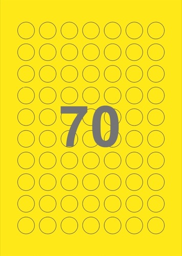 A4-etiketter, 70 Udstansede etiketter/ark, Ø20 mm, gul, 100 ark
