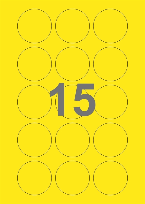 A4-etiketter, 15 Udstansede etiketter/ark, Ø50 mm, gul, 100 ark