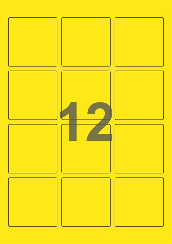 A4-etiketter, 12 Udstansede etiketter/ark, 60,0 x 60,0  mm, gul, 100 ark