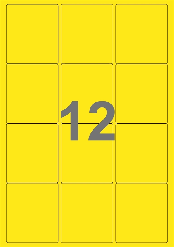 A4-etiketter, 12 Udstansede etiketter/ark, 63,5 x 72,0  mm, gul, 100 ark