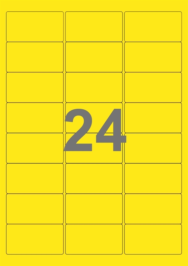 A4-etiketter, 24 Udstansede etiketter/ark, 64,0 x 33,9 mm, gul, 100 ark