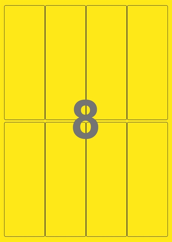 A4-etiketter, 8 Udstansede etiketter/ark, 50,0 x 140,0  mm, gul, 100 ark