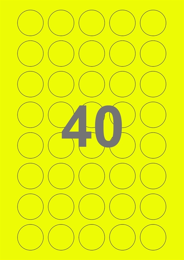 A4-etiketter, 40 Udstansede etiketter/ark, Ø30 mm, neon gul, 100 ark
