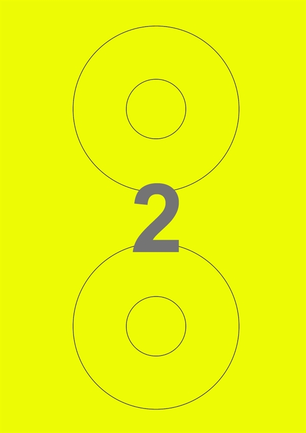 A4-2 DVD gul neon, 2 Udstansede etiketter/ark, Ø117 mm, 100 ark