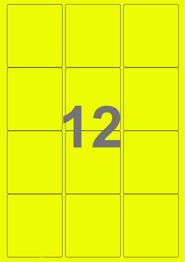 A4-etiketter, 12 Udstansede etiketter/ark, 63,5 x 72,0 mm, neon gul, 100 ark