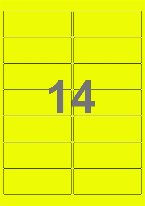 A4-etiketter, 14 Udstansede etiketter/ark, 99,1 x 38,1 mm, neon gul, 100 ark