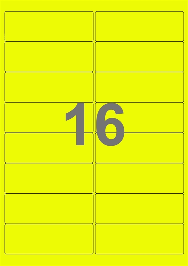 A4-etiketter, 16 Udstansede etiketter/ark, 99,1 x 33,9 mm, neon gul, 100 ark