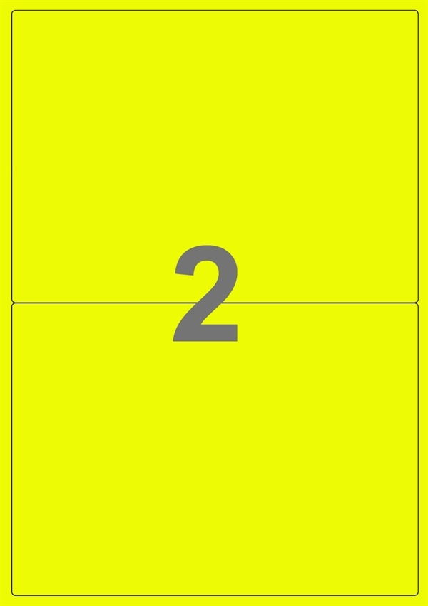A4-etiketter, 2 Udstansede etiketter/ark, 199,6 x 143,5 mm, neon gul, A5, 100 ark