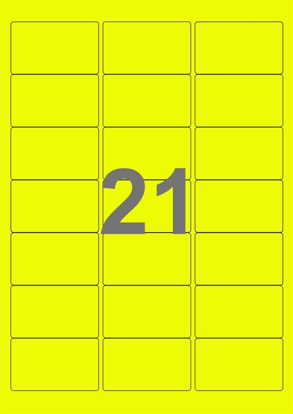 A4-etiketter, 21 Udstansede etiketter/ark, 63,5 x 38,1 mm, neon gul, 100 ark