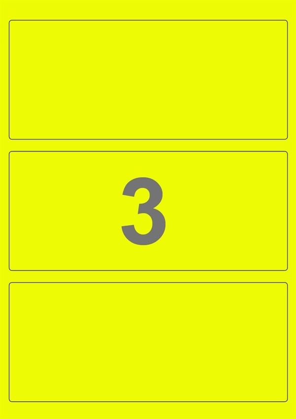 A4-etiketter, 3 Udstansede etiketter/ark, 198,0 x 85,0 mm, neon gul, 100 ark