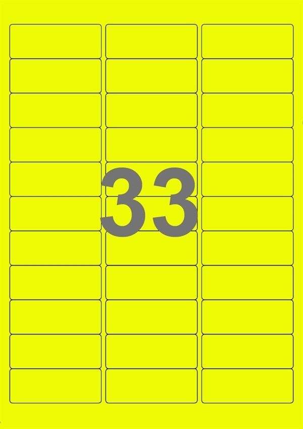 A4-etiketter, 33 Udstansede etiketter/ark, 64,0 x 24,3 mm, neon gul, 100 ark
