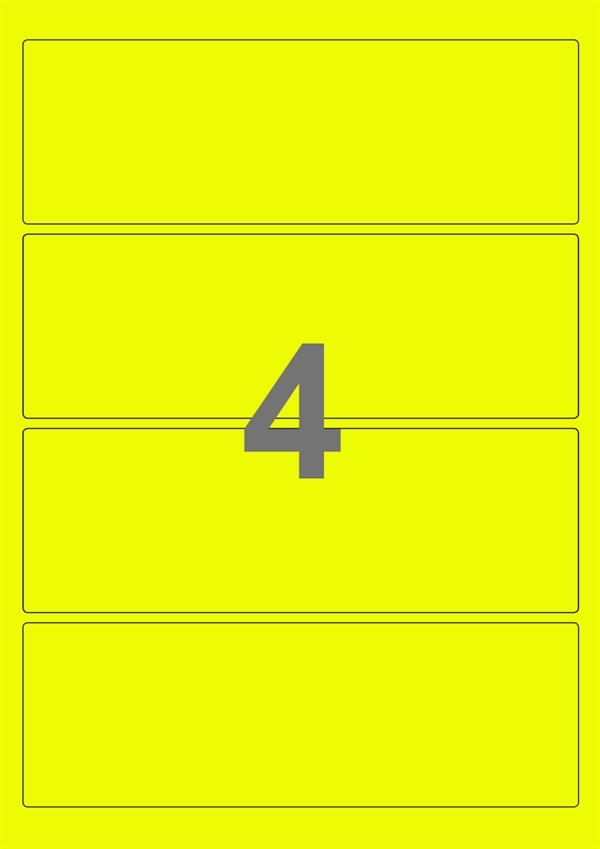 A4-etiketter, 4 Udstansede etiketter/ark, 195,0 x 65,0 mm, neon gul, 100 ark
