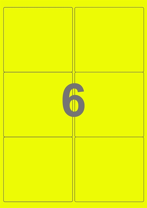 A4-etiketter, 6 Udstansede etiketter/ark, 99,1 x 93,1 mm, neon gul, 100 ark