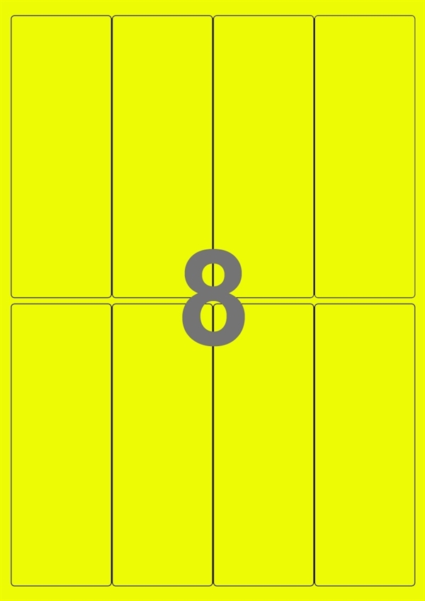 A4-etiketter, 8 Udstansede etiketter/ark, 50,0 x 140,0 mm, neon gul, 100 ark