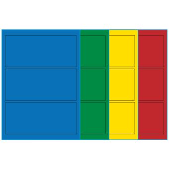 A4-3, 3 etiketter/ark, farvet mat (blå, grøn, gul eller rød) – permanent lim – 198,0 x 85,0 mm – 100 ark - A4, A5 & A6 etiketter i ark