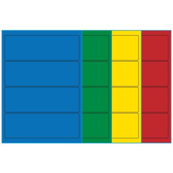 A4-4 smal, 4 etiketter/ark, farvet mat (blå, grøn, gul eller rød) – permanent lim – 195,0 x 65,0 mm – 100 ark - A4-etiketter, farvede