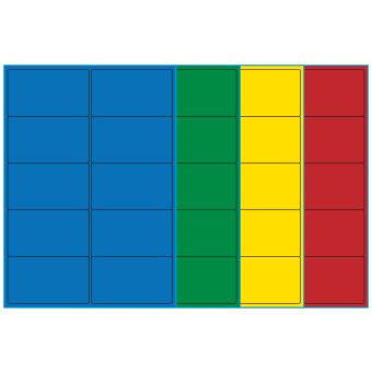 A4-10, 10 etiketter/ark, farvet mat (blå, grøn, gul eller rød) – permanent lim – 99,1 x 57,0 mm – 100 ark - A4-etiketter, farvede