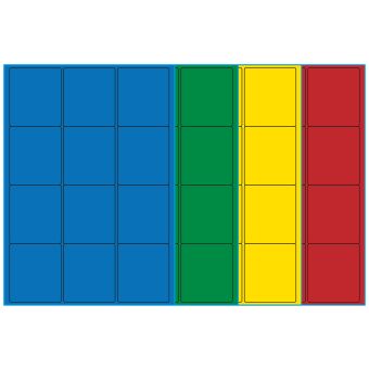 A4-12, 12 etiketter/ark, farvet mat (blå, grøn, gul eller rød) – permanent lim – 63,5 x 72,0 mm – 100 ark - A4-etiketter, farvede