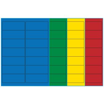 A4-14, 14 etiketter/ark, farvet mat (blå, grøn, gul eller rød) – permanent lim – 99,1 x 38,1 mm – 100 ark - A4-etiketter, farvede